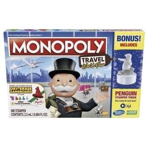 Monopoly Travel World Tour Board Game Bonus Penguin Stamper Token Hasbro Ages 8+